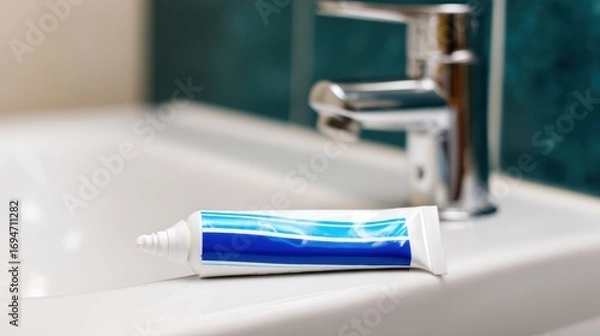 Fototapeta Close-up of a squeezed toothpaste tube on a bathroom sink with a shiny faucet in the background