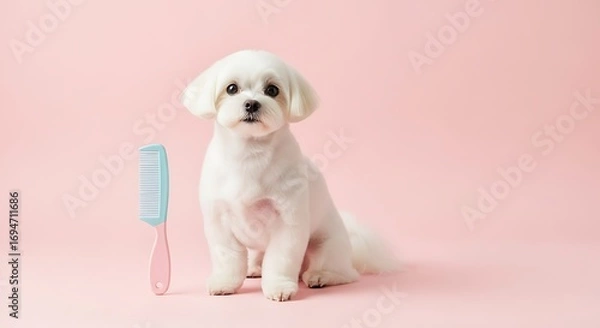 Fototapeta Adorable white Maltese dog sits patiently next to a pastel comb on a soft pink background, ready for grooming and pampering.