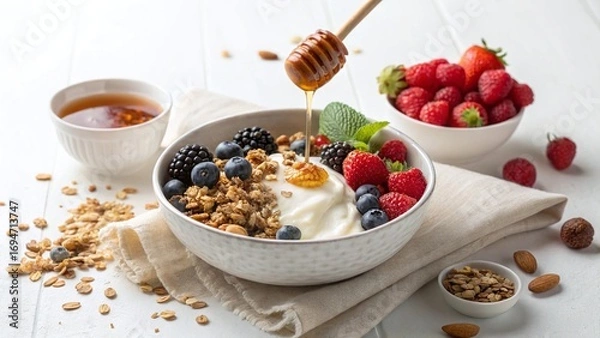 Obraz Honey dripping into a bowl of yogurt with granola and berries on a white wooden table