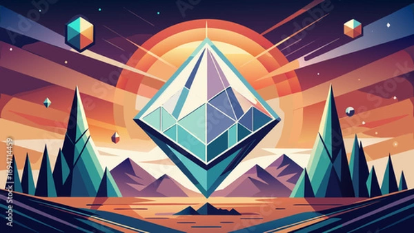 Fototapeta Mystical Crystal with Geometric Design: A vibrant illustration of a luminous crystal levitating against a backdrop of abstract landscape, reflecting a radiant sun.
