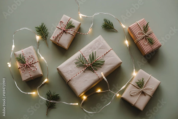 Obraz Festive christmas presents wrapped in brown paper with string and greenery arranged with fairy lights on a green background for holiday celebrations and seasonal greetings top view