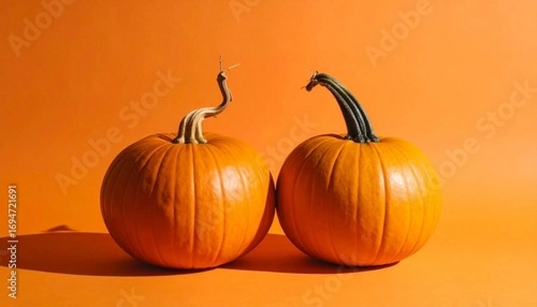 Fototapeta Two pumpkins on an orange surface with dramatic tree shadows cast on a matching orange background, evoking autumn, simplicity, and visual depth.