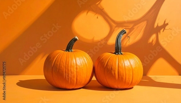 Fototapeta Two pumpkins on an orange surface with dramatic tree shadows cast on a matching orange background, evoking autumn, simplicity, and visual depth.