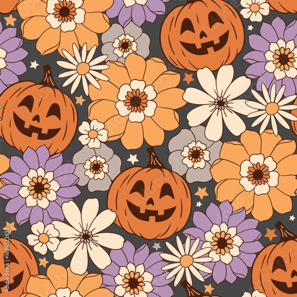 Fototapeta Seamless vector pattern with Halloween pumpkins on floral background. Hand drawn creepy Halloween design. Perfect for wallpaper or fabric print. EPS 10 vector file.