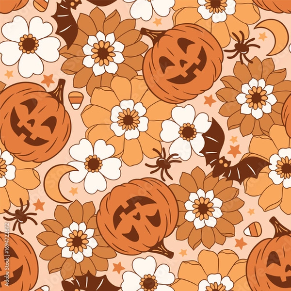 Fototapeta Seamless vector pattern with Halloween pumpkins on floral background. Hand drawn creepy Halloween design. Perfect for wallpaper or fabric print. EPS 10 vector file.