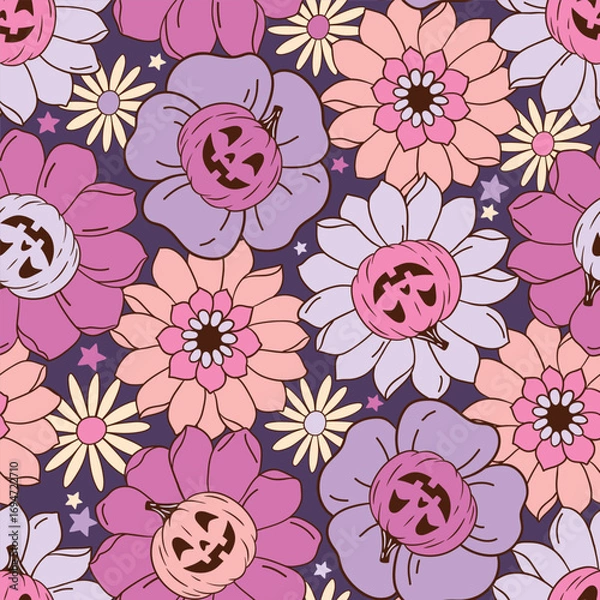Fototapeta Seamless vector pattern with Halloween pumpkins on floral background. Hand drawn creepy Halloween design. Perfect for wallpaper or fabric print. EPS 10 vector file.