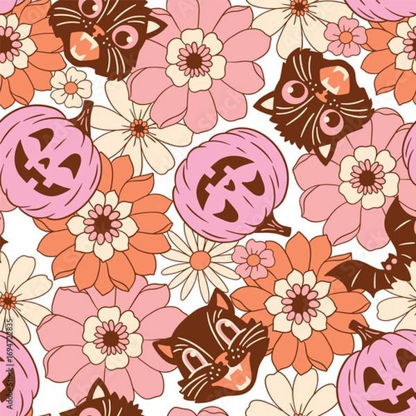 Fototapeta Seamless vector pattern with Halloween pumpkins and vintage black cats on floral background. Hand drawn creepy Halloween design. Perfect for wallpaper or fabric print. EPS 10 vector file.