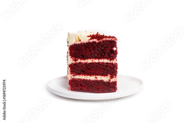 Fototapeta A piece of red velvet cake on a white plate isolated on a white background with copy space