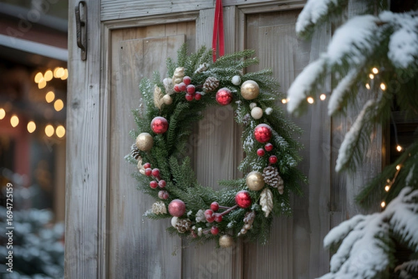Obraz Festive christmas wreath adorned with red and gold ornaments hangs on a rustic wooden door creating a warm and inviting holiday atmosphere with snowy accents and soft bokeh lights