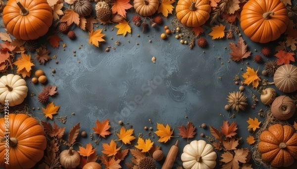 Fototapeta Festive autumn pumpkins and fall leaves arranged on a textured blue background for fall decor