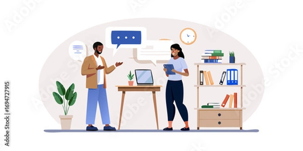 Fototapeta Diverse colleagues collaborating and communicating in a modern office setting with speech bubbles and bookshelves