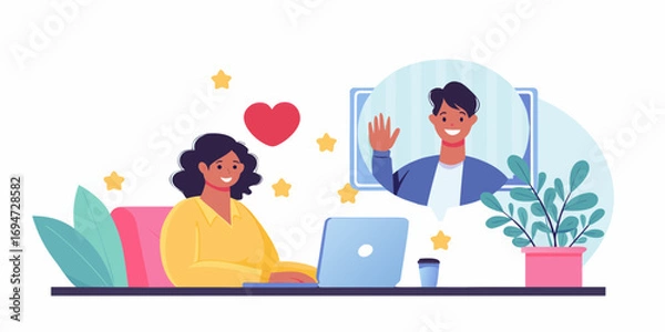 Fototapeta Woman happily video calling a man on her laptop with a heart and stars floating around her