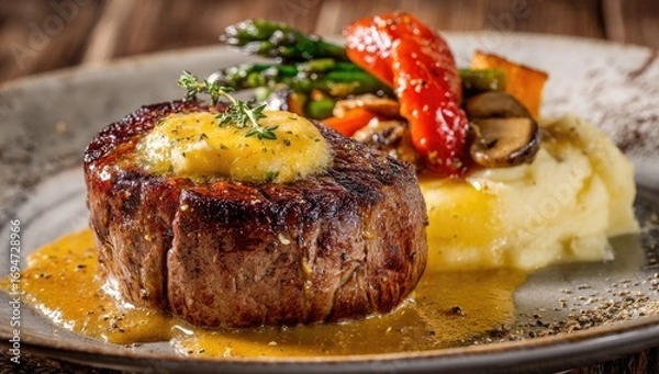 Fototapeta Gourmet steak dinner with mashed potatoes and vegetables