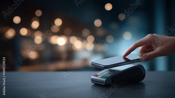 Fototapeta Contactless payment smartphone payment terminal hand technology wireless transaction modern digital wallet finance shopping electronic payment