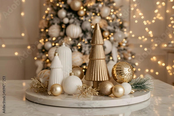 Obraz Elegant christmas decor featuring gold and white ornaments and christmas trees on a marble surface with a blurred christmas tree background creating a festive holiday atmosphere