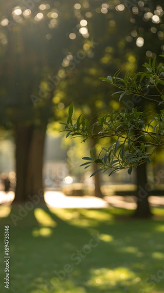 Obraz A close-up of a green tree branch with a sunlit park beautifully blurred in the background.
