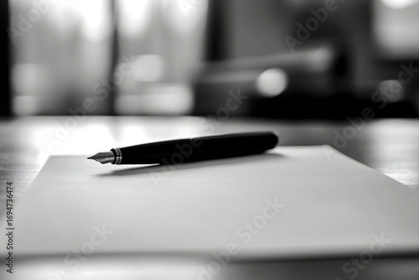 Obraz A close-up of a judge’s pen poised above a blank legal document, with the background blurred to evoke the anticipation of a decision. 