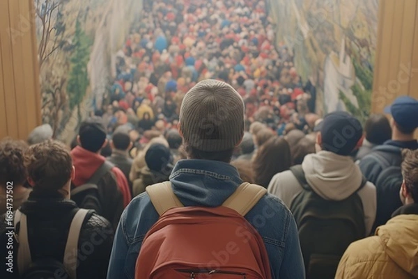 Obraz A traveler looking for a restroom in a crowded terminal with room for an ad promoting better amenities or restroom 