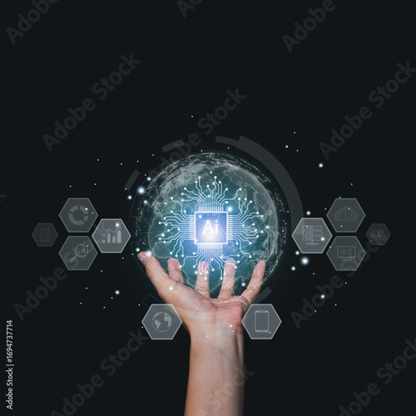 Fototapeta Human hand holding a glowing AI chip with digital circuits connected to a global network. Concept of artificial intelligence, future innovation, big data, and smart technology solutions.