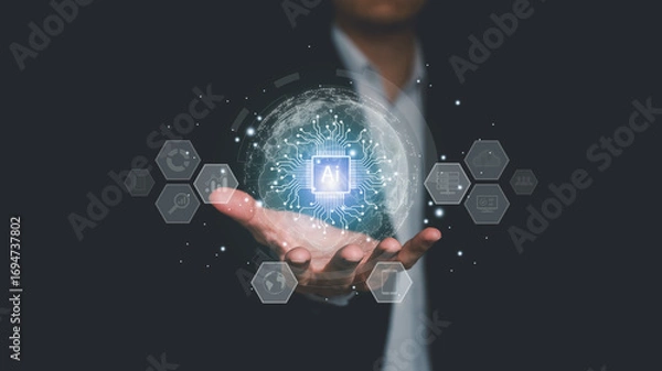Fototapeta Businessman hand holding glowing AI chip with digital globe, symbolizing artificial intelligence, data network, global technology, innovation, and future digital transformation.
