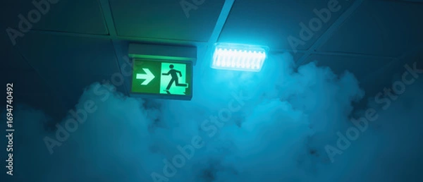 Fototapeta Emergency exit sign blue light smoke safety illumination escape route emergency lighting indoor ceiling direction warning fog visibility alert