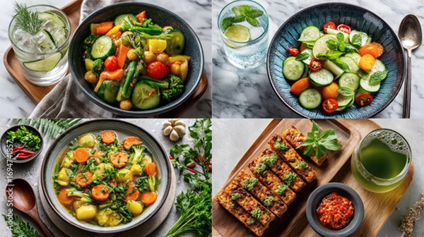 Fototapeta Four Colorful salad bowls with grilled protein and citrus water on rustic table, vibrant styling for Healthy Food Image 4K UHD