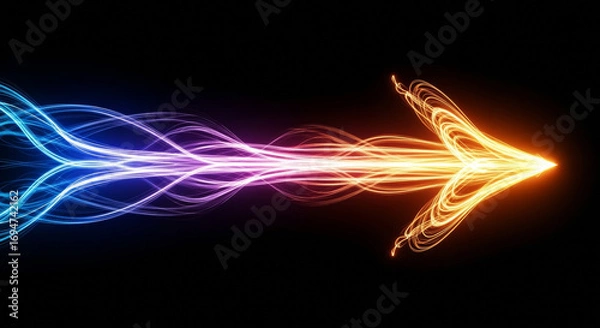 Fototapeta Glowing arrow formed by light trails moving from left to right on a black colored background