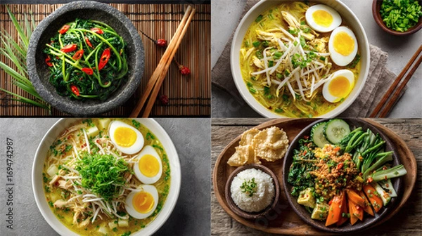 Fototapeta Four Herb salad matcha drink and noodle bowl in studio setup deliver fresh contrast for Healthy Food Image 4K UHD