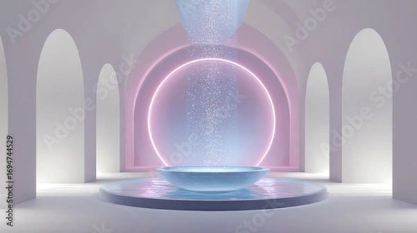 Fototapeta Glowing water droplets fall into the basin