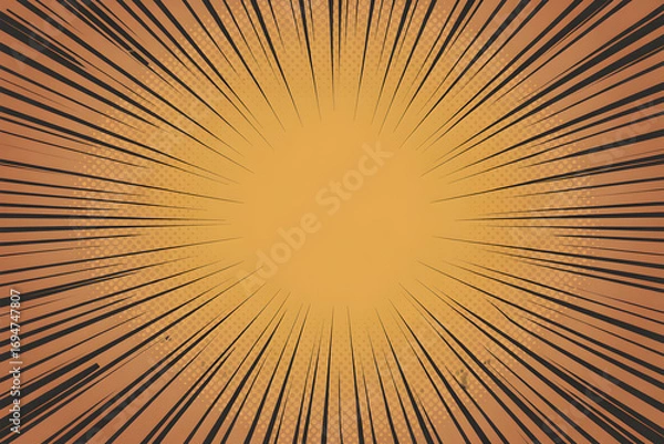 Obraz Abstract comic book style background with radial lines and halftone effects in shades of orange and black perfect for dynamic designs and retro themed projects and presentations