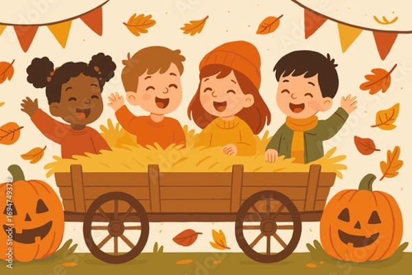 Obraz Hay Ride Joy. Family-friendly horizontal banner of children riding hay wagon surrounded by smiling pumpkins, wind-blown leaves and