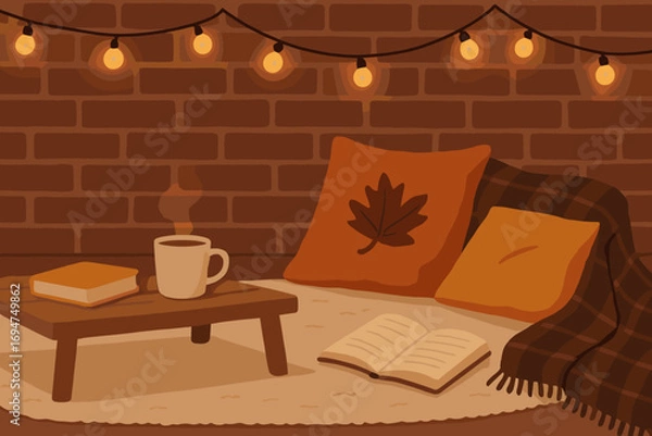 Obraz Cozy Autumn Loft. Flat banner of cozy loft with string lights, low table, hot drink, autumn pillows and relaxed reading area.