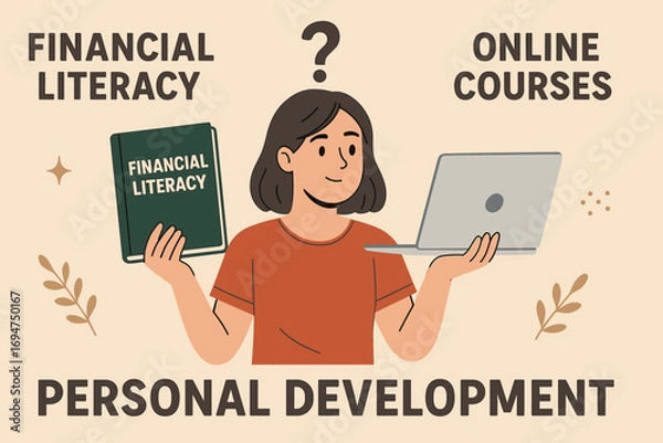 Obraz Choosing Financial Learning Resources. Banner showing person comparing financial literacy books and online courses for personal
