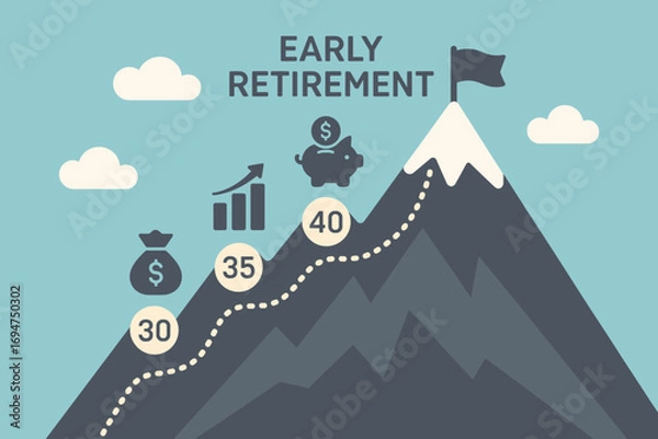 Obraz Early Retirement Journey. Vector art of “early retirement” visual — mountain peak with age milestones, savings goals, and