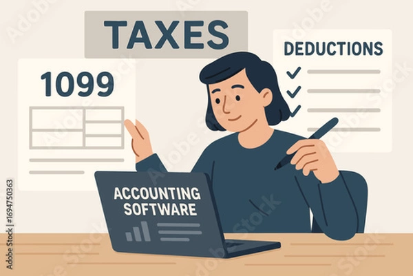 Obraz Tax Management Essentials. Banner showing freelancer managing taxes with 1099 forms, deductions list, and accounting software.