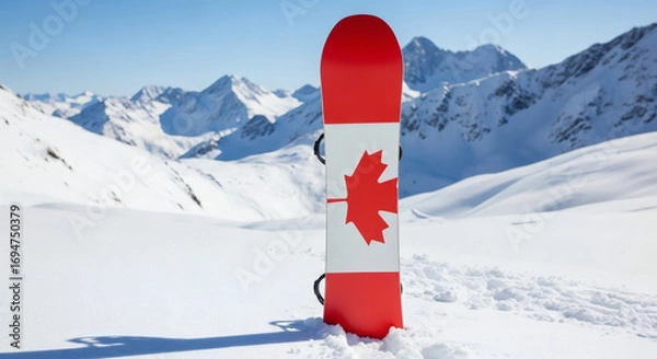 Fototapeta Dynamic Canadian snowboarder ready for adventure in majestic snow-capped mountains