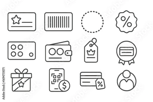 Obraz Loyalty Reward Icons. Line style icons of loyalty discounts: loyalty card with star, barcode reward, points circle, badge with