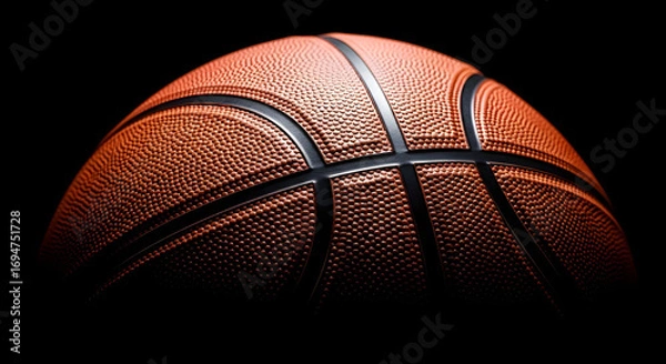 Fototapeta A closeup of a basketball against a black background, highlighting its texture, design, and the intricate details of the sport equipment in darkness