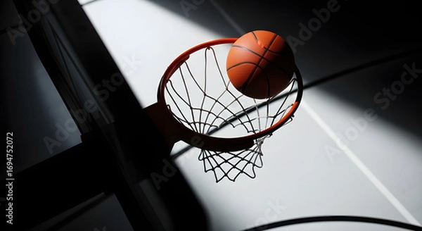 Fototapeta Basketball swooshing through the net in a gymnasium with dramatic lighting, capturing the energy and excitement of the game in a dynamic composition
