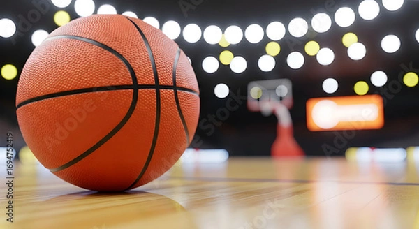 Fototapeta Closeup of a basketball on a polished court with stadium lights in the background, showcasing the texture and detail of the ball