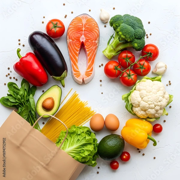 Fototapeta Overhead shot of fresh food spilling out of a brown paper bag, showcasing healthy eating, nutrition, and a balanced diet isolated on white background