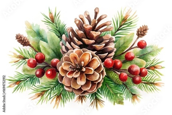 Fototapeta Christmas pine cones and red berries decoration isolated on white background