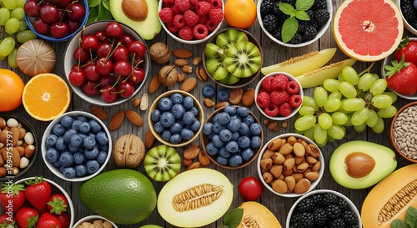 Fototapeta A vibrant assortment of fresh fruits and nuts, offering a colorful and nutritious selection for a healthy and balanced diet