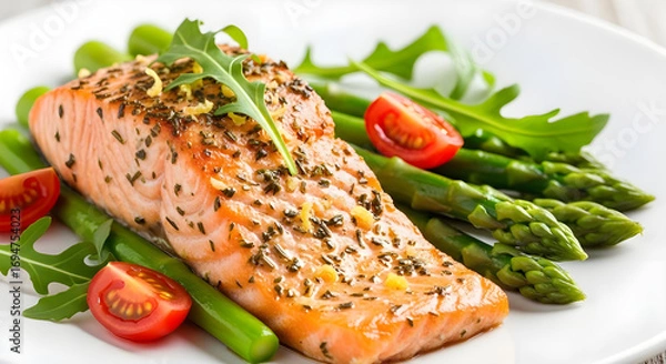 Fototapeta Delicious grilled salmon fillet served with fresh asparagus, cherry tomatoes, and arugula on a white plate, isolated on white background