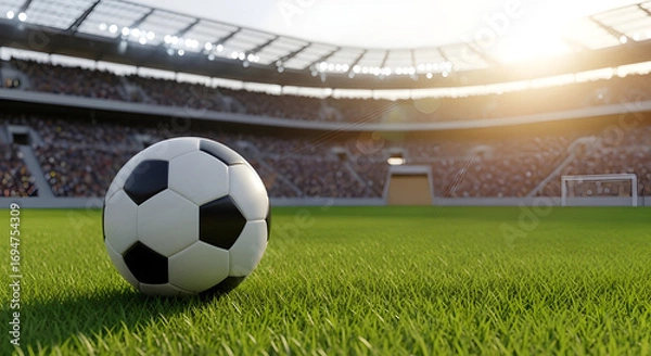 Fototapeta Soccer ball on green grass in stadium with crowd, capturing the excitement of a football match and the atmosphere of a sporting event