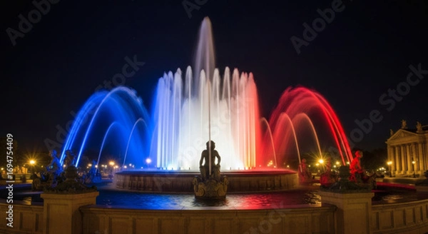 Fototapeta Spectacular illuminated fountain dances with vibrant blue, white, and red water jets at night
