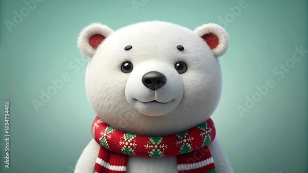 Fototapeta A cute, fluffy cartoon polar bear wearing a festive red and green scarf, with a soft, blurred background, perfect for holiday greetings