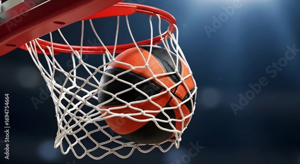 Fototapeta Basketball swooshing through the net in a dynamic action shot capturing the thrill of the game and the precision of the player, closeup view