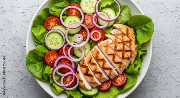 Fototapeta Overhead shot of a grilled chicken salad with lettuce, tomatoes, cucumbers, and red onions on a white plate, offering a healthy and delicious meal option