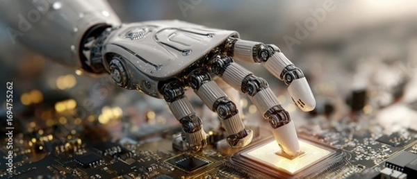 Fototapeta Highly detailed close-up of a robotic hand interacting with a technology circuit board illuminated by warm lighting for futuristic innovation concept